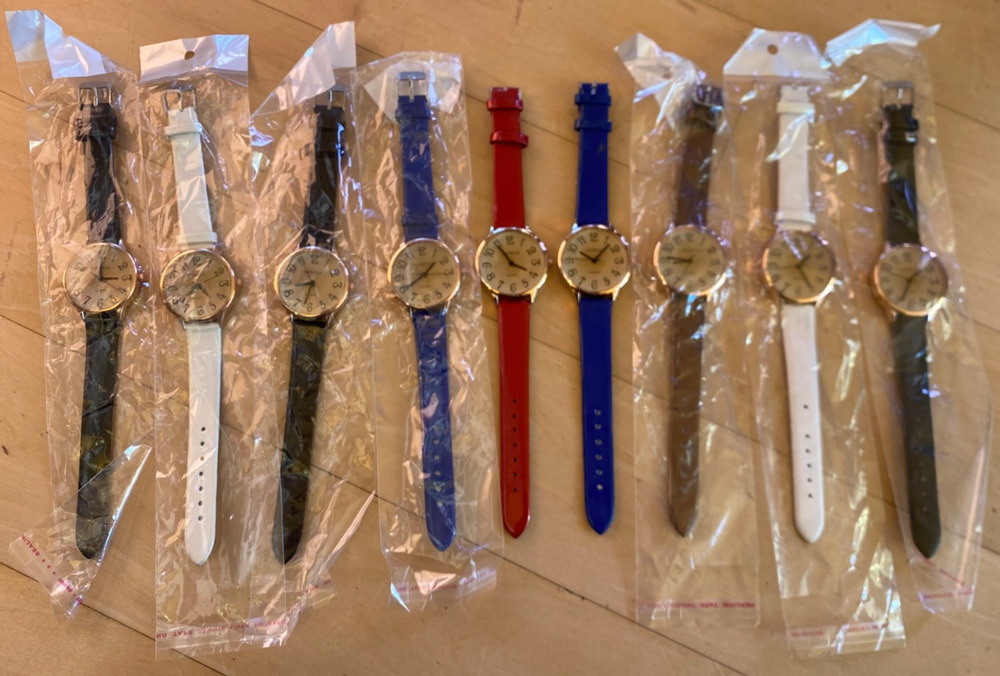 GENEVA Woman's Quartz Watch Lot: Gold Tone - Black, White, Blue Bands - 9 pc set